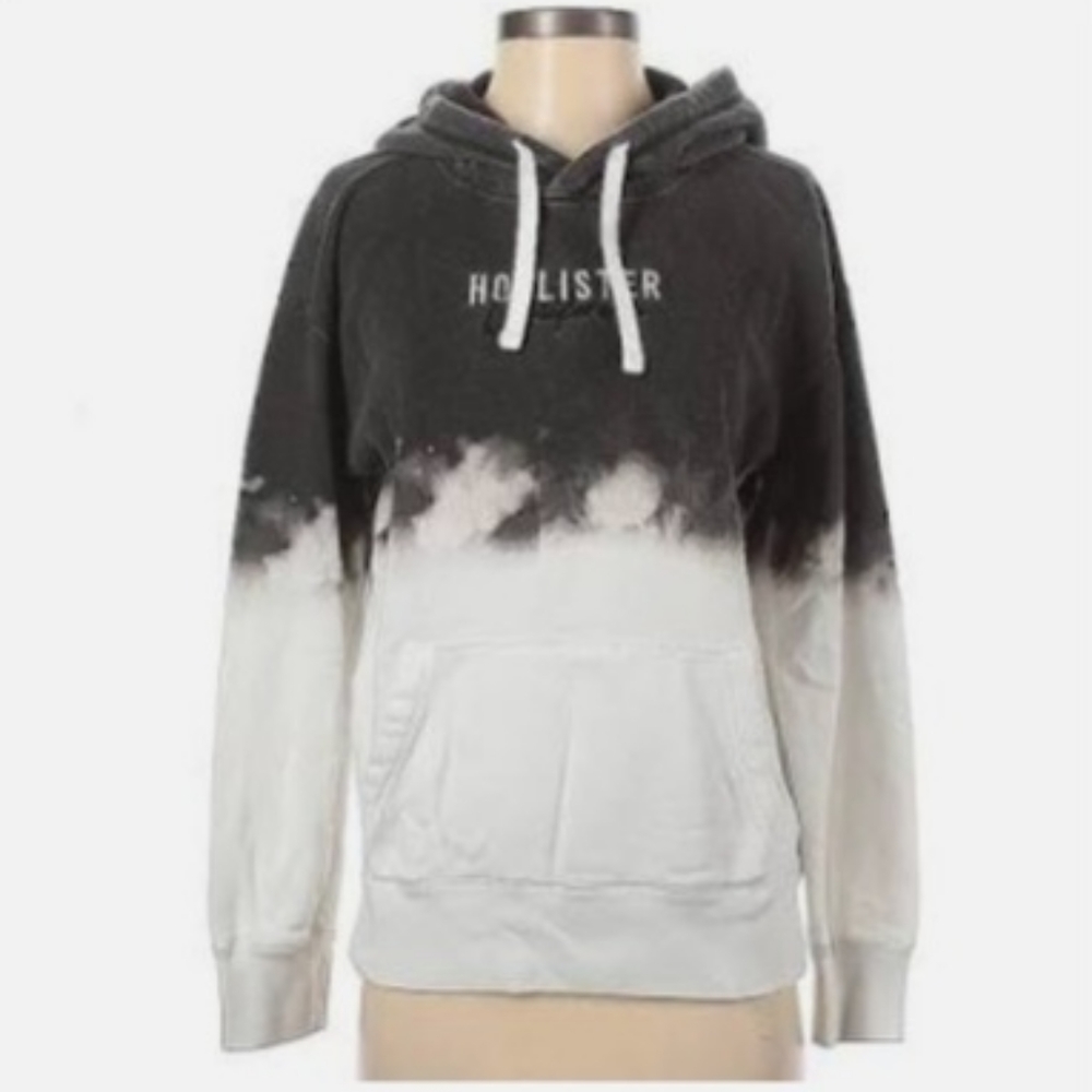 Hollister California Pull Over Hoodie: Black Print Tops